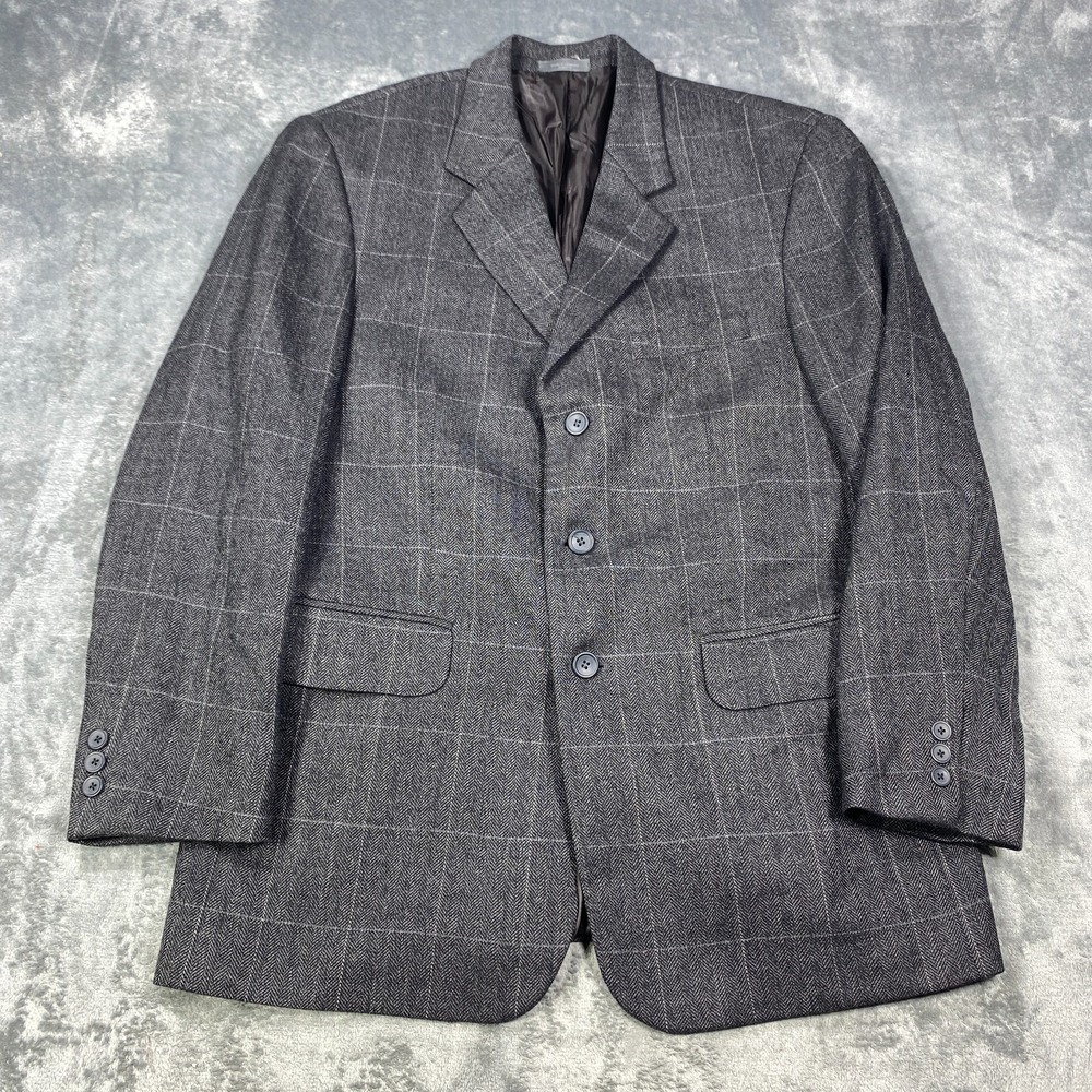 Oleg Cassini Blazer Mens 42R Gray Windowpane Wool Cashmere Blend Suit Jacket